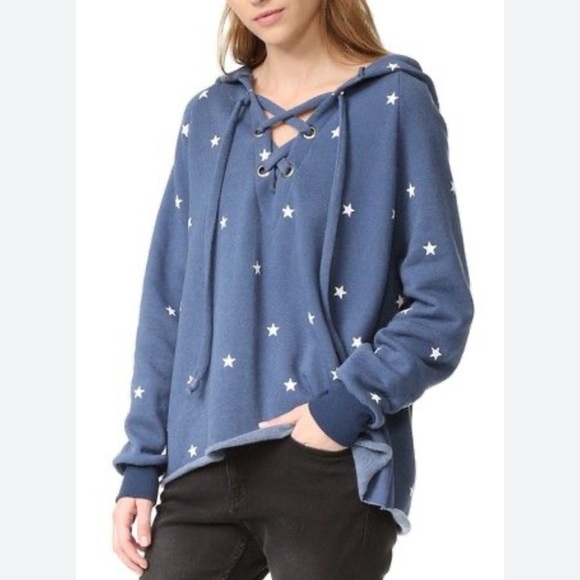 Wildfox Football Star Hutton Blue Star Lace Up Hoodie Size M - Picture 2 of 6